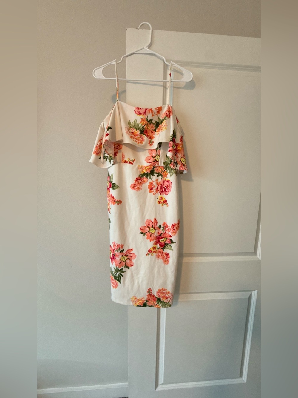 Premier White Floral Ruffle Midi Dress with Pink & Coral Blooms